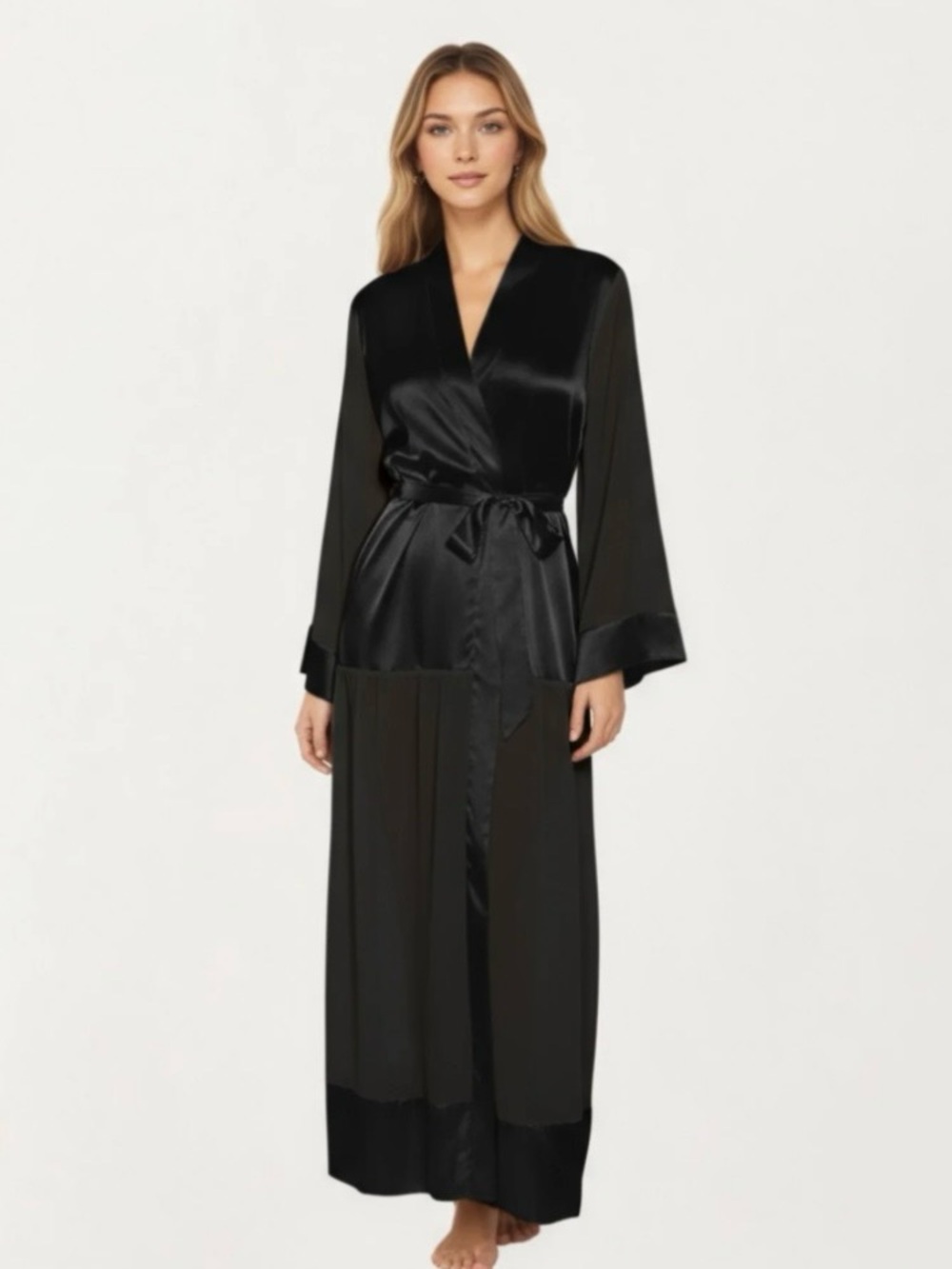Anna-Kaci Women's Long Satin Robe with Tie Waist Belt and Wide Cuff Sleeves.